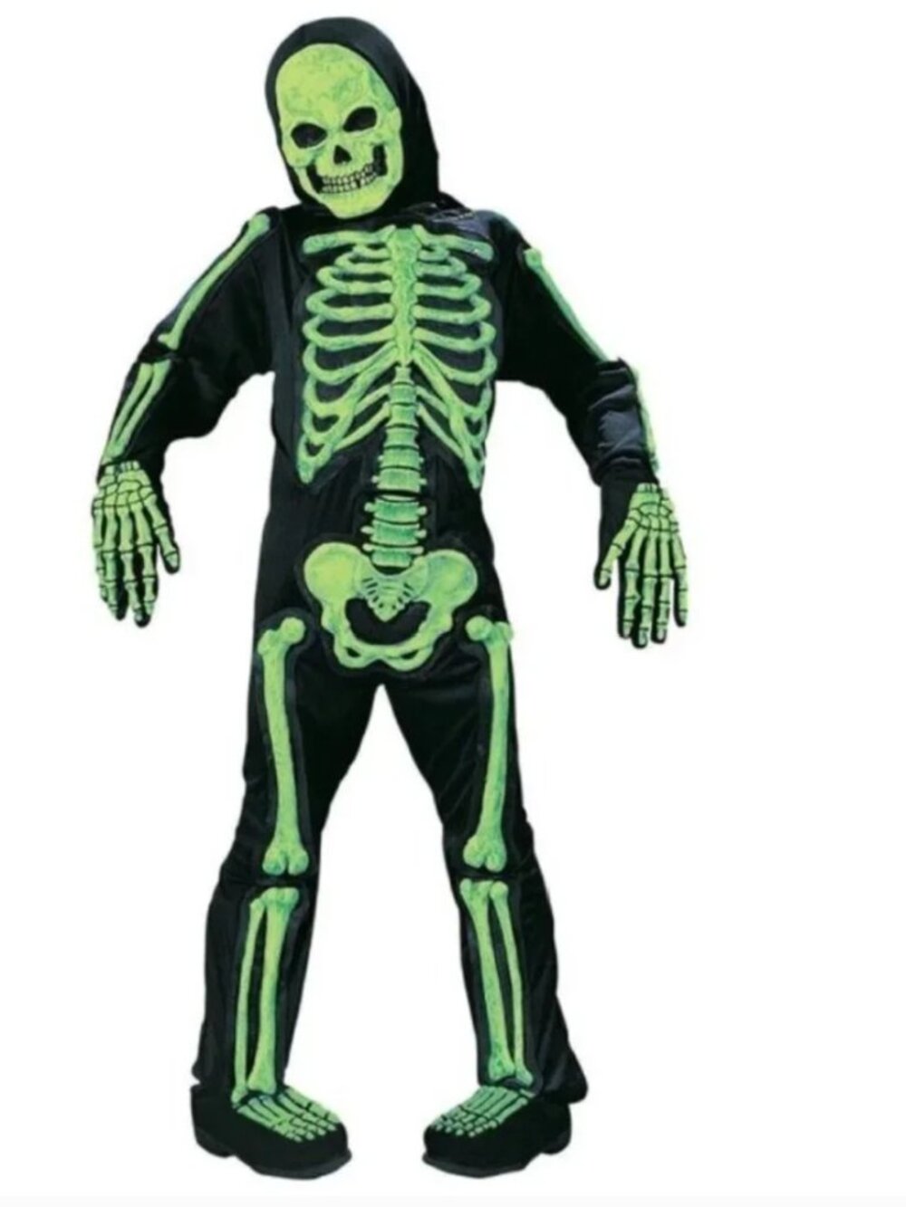 Green Skeleton Glows In The Dark Halloween Costume 12/14 Skelebones 3-D 6 Pc Boy